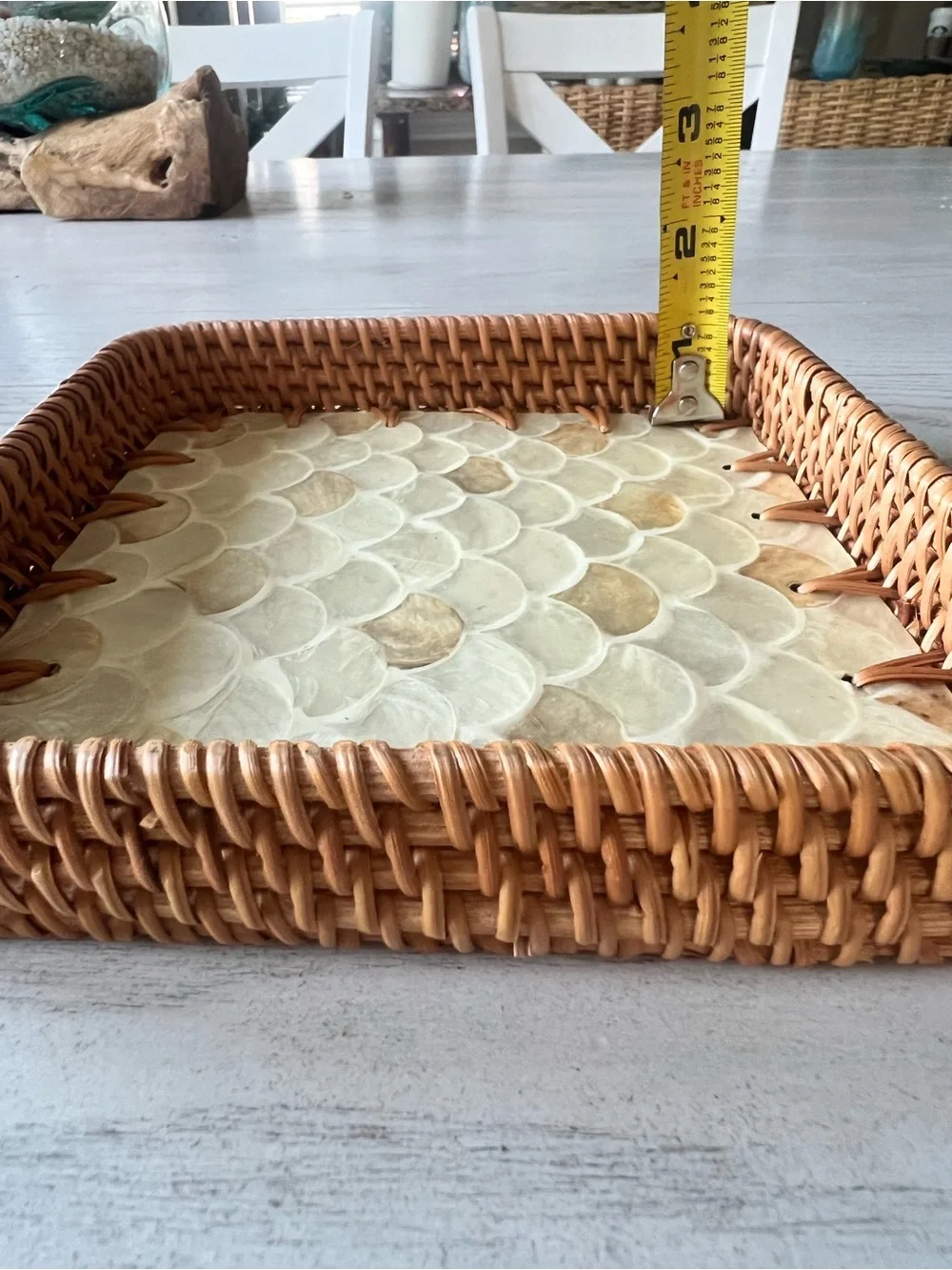 Square Rattan and Capiz Shell Decorative Tray - 7”